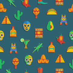 seamless pattern vector mexican margarita sombrero pinata taco maraca skull clipart on blue background wallpaper