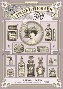 set of french perfume and cosmetics illustrations