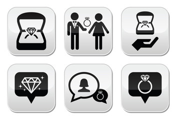 Engagement, diamond ring in box vector buttons set