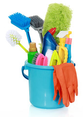 cleaning supplies in bucket © Odua Images