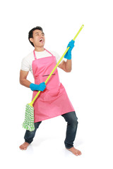 man happy excited during cleaning
