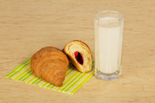 On table glass with milk and croissants