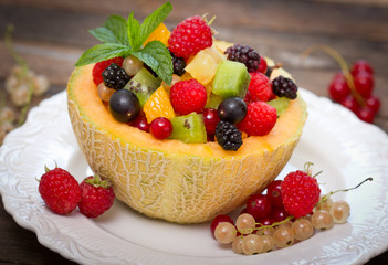 Fresh fruit salad in the melon