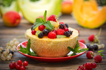 Fresh fruit salad in the melon