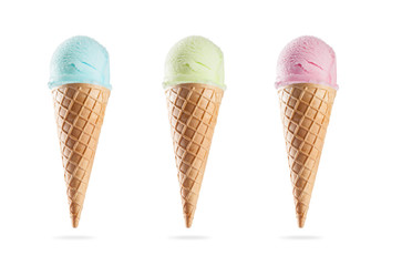 Ice creams in cones, isolated on white background