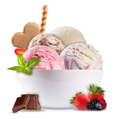 Ice cream in porcelain bowl on white background