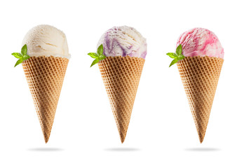 Ice creams in cones, isolated on white background
