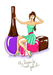 Illustration with girl and nail polish bottles