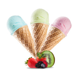 Ice cream in cones, isolated on white background