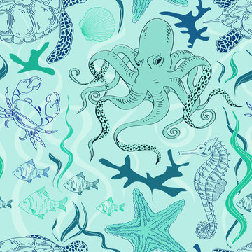 Seamless pattern of sea animals