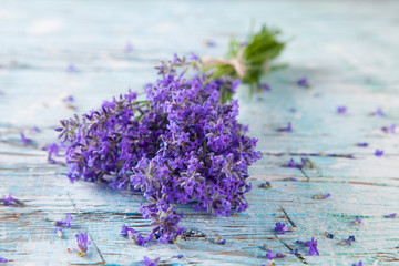 Fototapeta premium Fresh lavender on wood