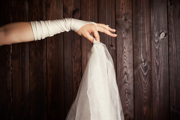 bride holding a veil against wooden background