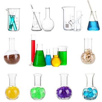 Collage of different laboratory glassware isolated on white