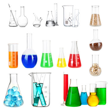 Collage of different laboratory glassware isolated on white