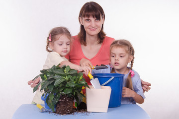 Mom and two daughters transplanted flower room