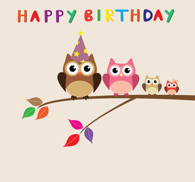 vector happy birthday card with owl family
