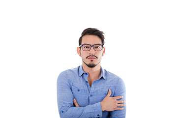 young hispanic man with blue shirt and glasses