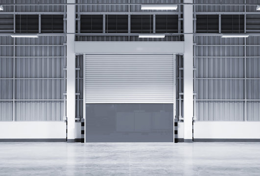 Roller door or roller shutter. Also called security door or security shutter with automatic system. For protection industrial building i.e. factory, warehouse, hangar, workshop, store, hall or garage.