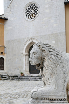 Detail of a medieval portal in italy. collegiate church, Visso