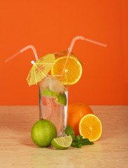 Drink in a glass, is decorated with an umbrella