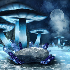Zimowa sceneria z niebieskimi grzybami, skałą i kryształami - obrazy, fototapety, plakaty