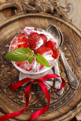 Strawberry smoothie decorated with mint leaf
