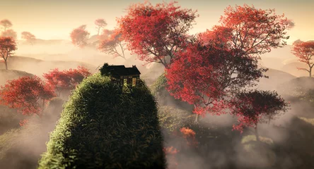 Wandcirkels plexiglas Aerial of fantasy grassy hill landscape with red autumn trees an © ysbrandcosijn