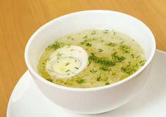 Chicken broth with dill and egg.