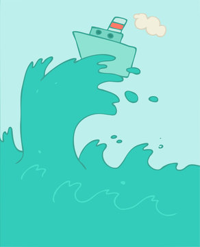 Ship in sea big waves vector illustration