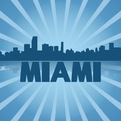 Miami skyline reflected with blue sunburst illustration