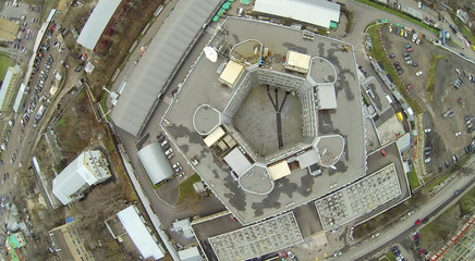 Above view of pentagon shaped building at dull day