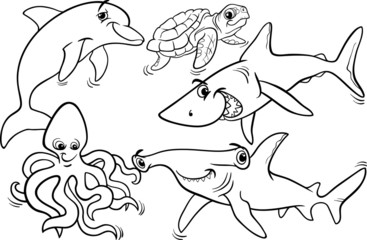 Fototapeta premium sea life animals and fish coloring page