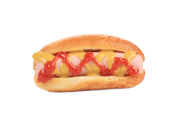 Tasty hot dog with mustard.