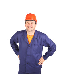 Laughing worker in red hard hat.