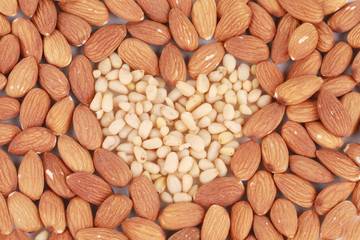 Heart shape of almonds and pine nuts.
