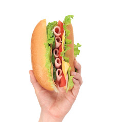 Hand holds french baguette sandwich.