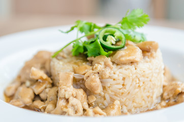Chicken with brown sauce on rice