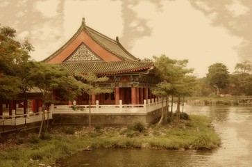 Vintage Photo of Temple by the Lake