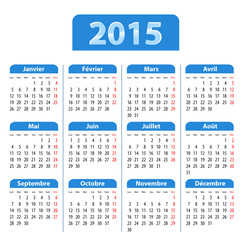 Blue glossy calendar for 2015 in French