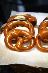 close up many pretzel in basket