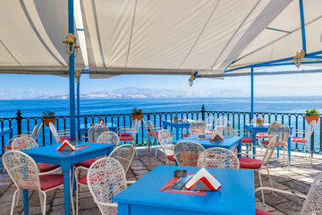 Empty tables in cafe with beautiful view
