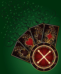 Casino background with roulette and poker cards