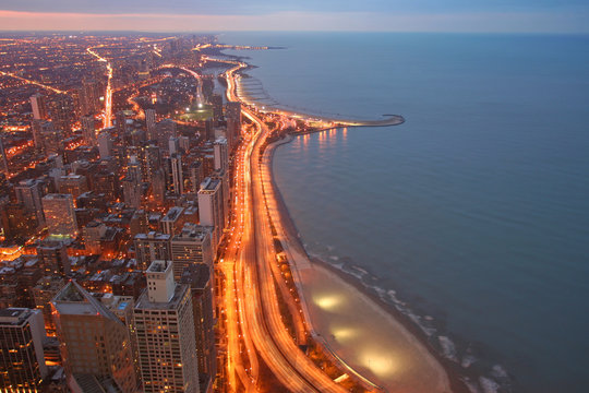 Chicago Lake Shore Drive Aerial View at twilight