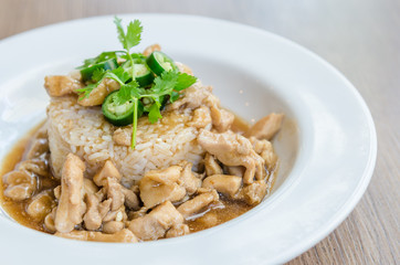 Chicken with brown sauce on rice