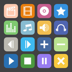 Flat Color style media player icons vector set.