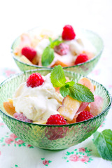 Fresh fruits, berry and ice cream dessert