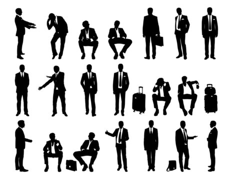 big set businessmen standing and seated silhouettes