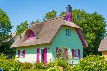 Fototapeta na wymiar mint green thatched-roof vacation house