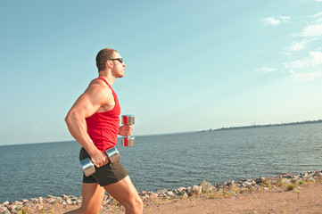 jogging with dumbbells