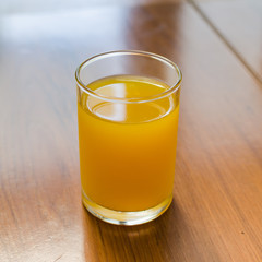 glass of orange juice on a table